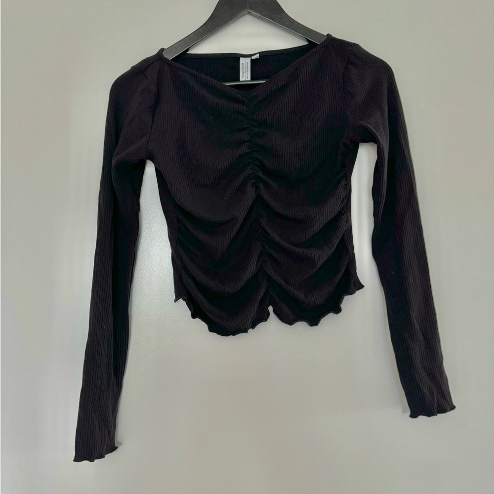 & Other Stories Black Ribbed Ruched Front Irregular Hem Top